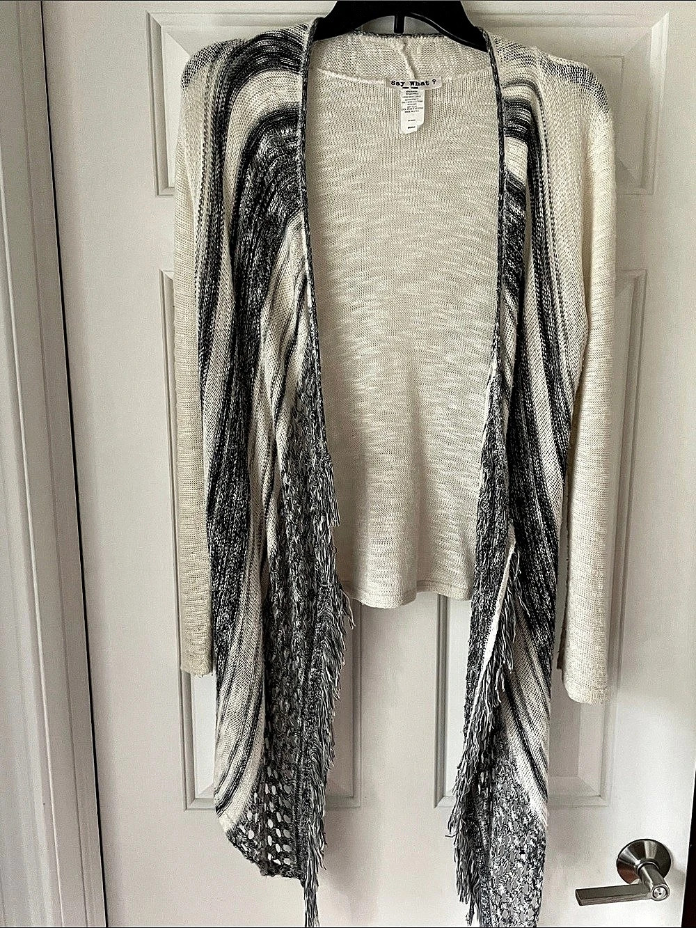 Say What? Open Front Fringe Cardigan Crocheted Cropped White & Black Size Medium